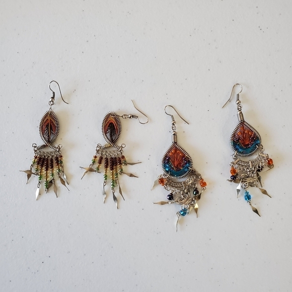 Two pairs of Handcrafted Metallic Thread Bead Dangle Earrings - Picture 7 of 14